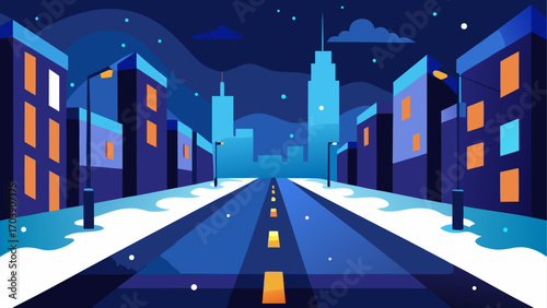 Stylized city street at night with snow falling