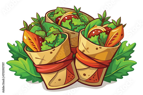 Delicious Vegan Burritos Cartoon Illustration Featuring Fresh Vegetables and Vibrant Colors Perfect for Food Blogs and Recipe Sites