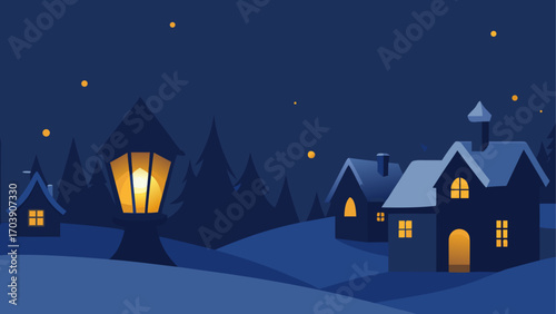 Cozy winter village scene under a starry night sky