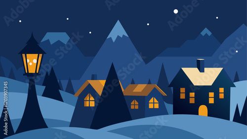 Cozy winter village scene under a starry night sky