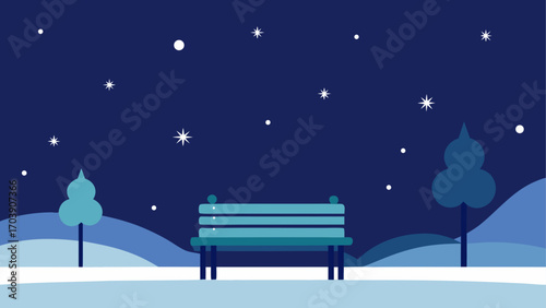 Peaceful winter night park scene with bench and starry sky