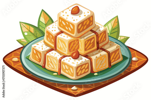 Colorful Turkish Delight Cubes Stacked on a Square Plate Sweet and Sugary Confectionery Ready to Eat in a Vector Illustration