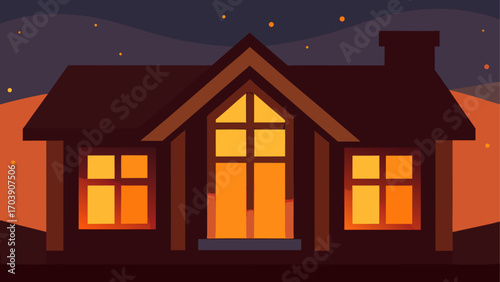 Cozy cabin lit up against a starry twilight sky
