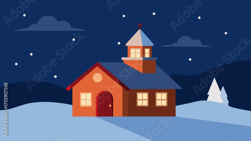 Cozy winter night scene with a church and snowfall