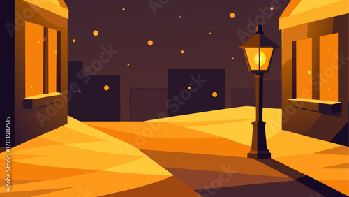 Warmly lit street lamp illuminates geometric cityscape at night