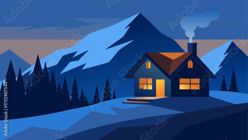 Cozy cabin nestled amongst snowy mountains at dusk