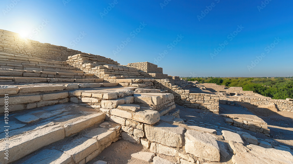 Fototapeta premium Majestic ruins of ancient stone structures under clear blue sky, showcasing intricate steps and historical architecture