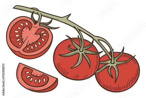 Vibrant Cluster of Tomatoes with Lush Green Leaves A Colorful and Appetizing Still Life Vegetable Medley