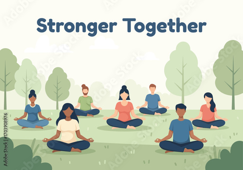 vector illustration of a diverse group of people meditating together in a park for a World Mental Health Day 'Stronger Together' concept of community support.
