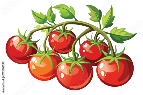 Vibrant Cluster of Tomatoes with Lush Green Leaves A Colorful and Appetizing Still Life Vegetable Medley
