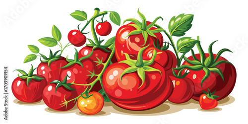 Vibrant Cluster of Tomatoes with Lush Green Leaves A Colorful and Appetizing Still Life Vegetable Medley