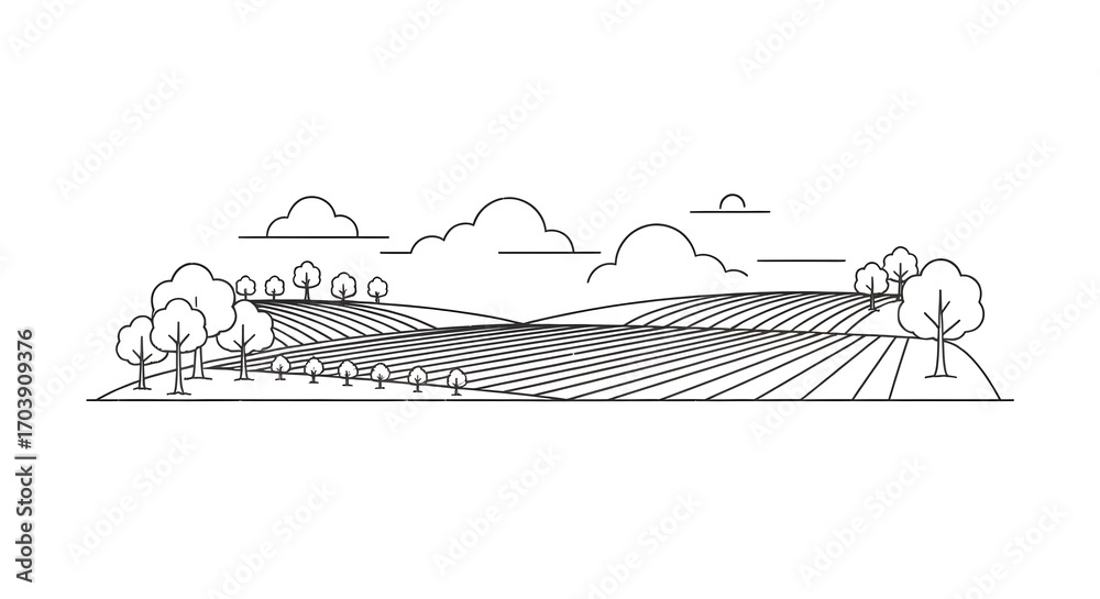 Fototapeta premium Serene Countryside Landscape: Rolling Hills, Farmland, and Trees Under a Cloudy Sky Line Art Illustration