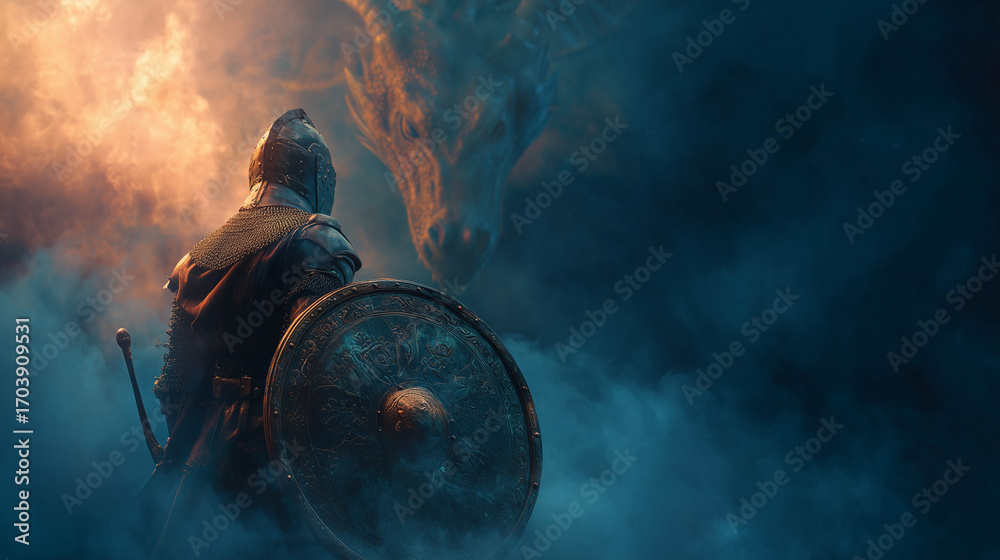 Obraz premium magical mystical epic battle fantasy art picture: medieval warrior knight standing face to face in front of fire breathing dragon. the hero's journey say of becoming a man and marrying the princess