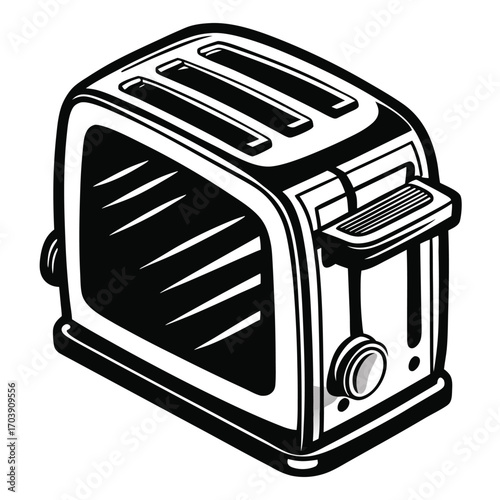 Monochrome Toaster Illustration with Bread Slices Depicting Kitchen Appliance and Food Preparation, Outlined Design Style