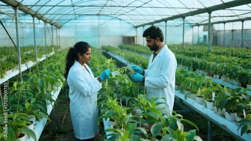Indian man performing sample collection in greenhouse laboratory