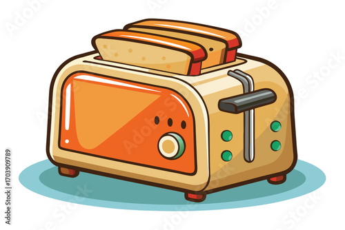 Colorful Cartoon Toaster Illustration Depicting a Retro Style Appliance with a Mix of Blue, Beige, and Orange Accents