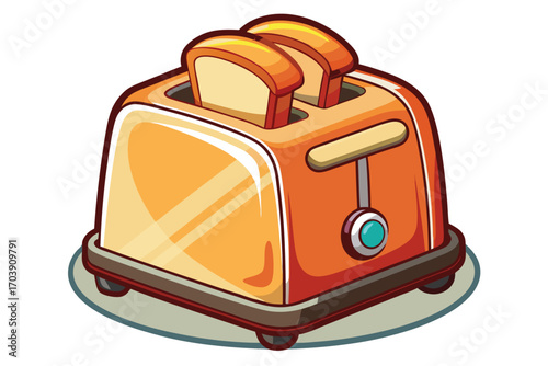 Colorful Cartoon Toaster Illustration Depicting a Retro Style Appliance with a Mix of Blue, Beige, and Orange Accents