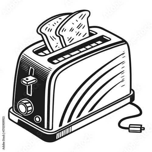 Monochrome Toaster Illustration with Bread Slices Depicting Kitchen Appliance and Food Preparation, Outlined Design Style