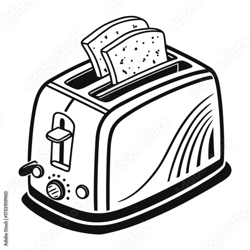 Monochrome Toaster Illustration with Bread Slices Depicting Kitchen Appliance and Food Preparation, Outlined Design Style