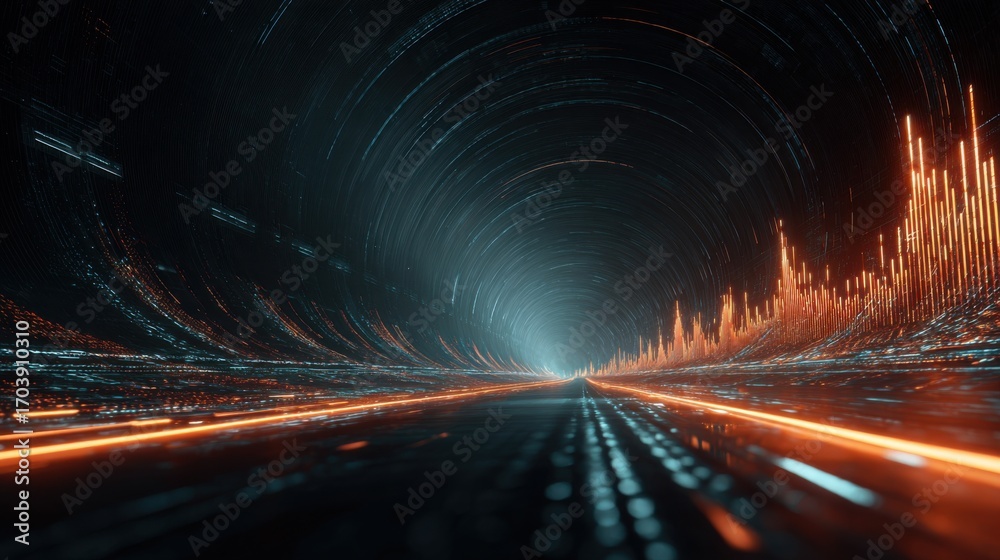 Obraz premium Colorful glowing lines and waveforms converge in a digital tunnel, creating a dynamic and futuristic atmosphere that emphasizes depth and movement. The scene portrays an immersive experience.