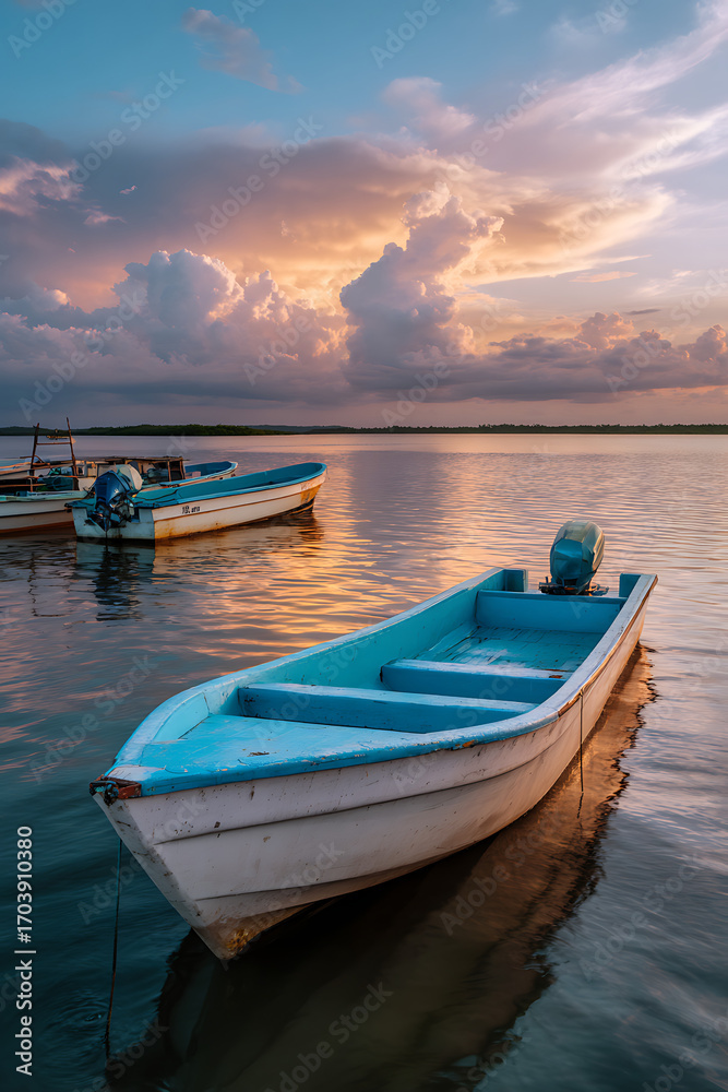 Naklejka premium Small Blue and White Boat at Sunset on Calm Water