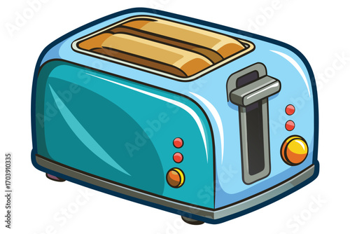 Colorful Cartoon Toaster Illustration Depicting a Retro Style Appliance with a Mix of Blue, Beige, and Orange Accents