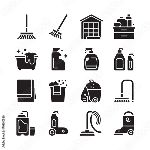 Black and White House Cleaning Solid Icon Set