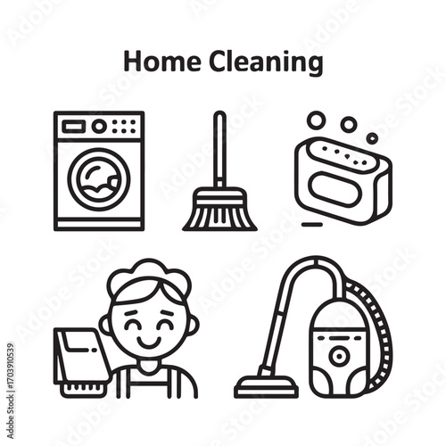 Black and White House Cleaning Solid Icon Set