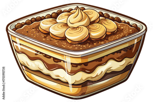 Delicious Isometric Tiramisu Dessert with Coffee Flavors and Cocoa Powder, a Sweet Italian Treat, Served in a Square Glass