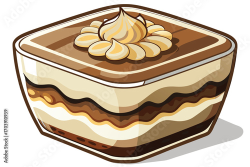 Delicious Isometric Tiramisu Dessert with Coffee Flavors and Cocoa Powder, a Sweet Italian Treat, Served in a Square Glass
