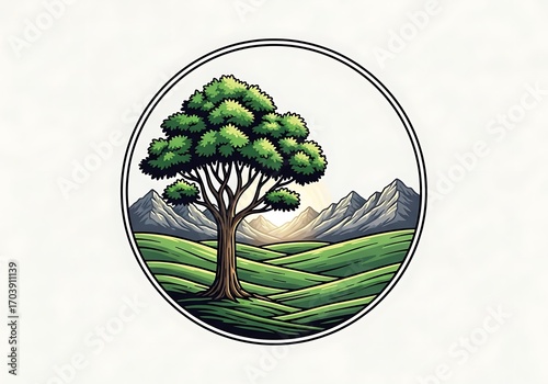 A serene landscape illustration depicts a lone tree standing tall amidst rolling hills and mountains, bathed in the warm glow of the sunrise.