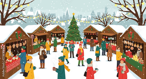 Winter Market Vector Illustration with Christmas Tree People and Stalls Festive Scene