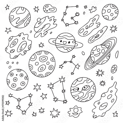 Cute Hand-Drawn Space Elements and Planets Doodle Set