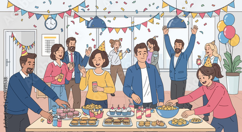 Celebration Vector Illustration of People at Office Party with Food and Decorations in Modern Style