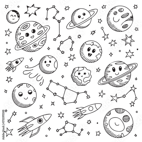 Cute Hand-Drawn Space Elements and Planets Doodle Set