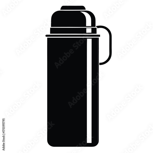 Monochrome Vector Illustration of a Vintage Thermos Flask Perfect for Camping and Outdoor Adventures Highlighting its Classic Design