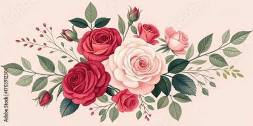 Wallpaper Mural A floral arrangement featuring roses in various shades of pink and red with leaves Torontodigital.ca