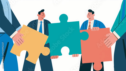Illustration of businessmen holding large puzzle pieces vector design template