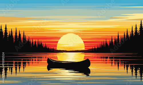 A serene lake at sunset with a canoe in the foreground and silhouetted trees lining the shore line