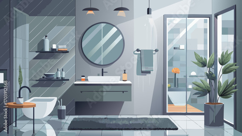 Contemporary bathroom with soft gray tones, wall-mounted vanity, round mirror, and rainfall shower, highlighting understated elegance and modern comfort.