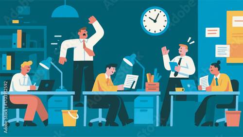 Illustration of office workers and business people working overtime at Deadline vector design template