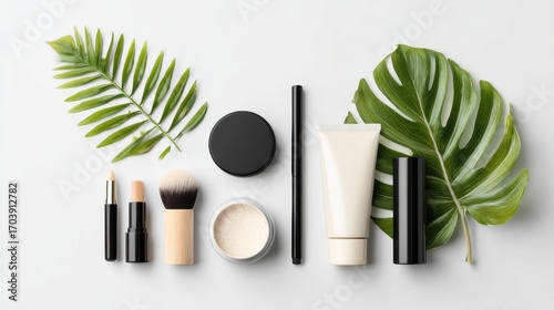 Various makeup and skincare products are displayed alongside green tropical leaves, creating a fresh and natural aesthetic. The arrangement emphasizes beauty and self-care.