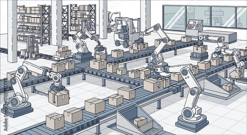 Illustration Vector of Warehouse Automation with Robotic Arms and Conveyor Belts in Modern Style with Boxes and Packages