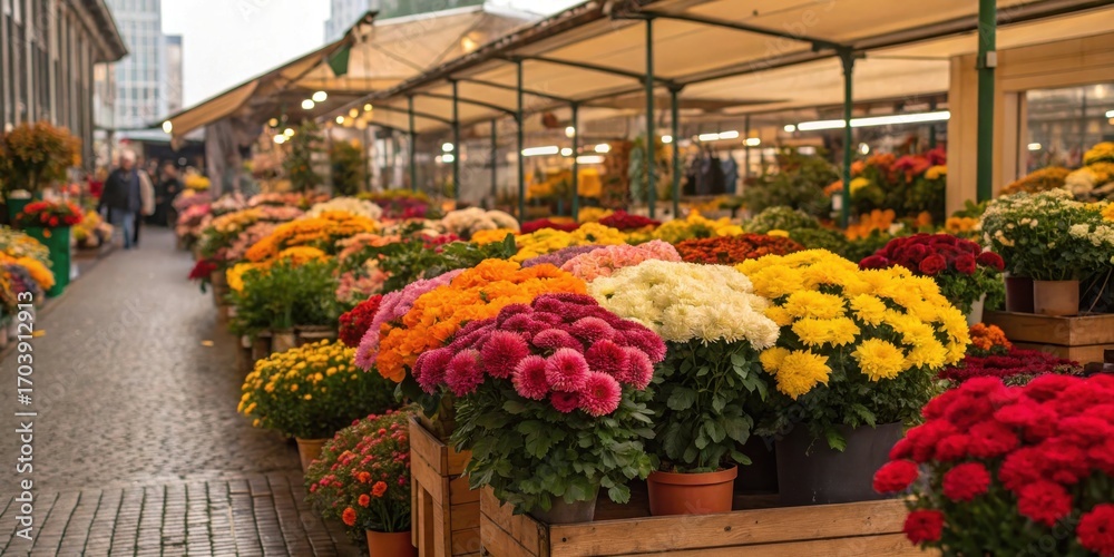 Fototapeta premium Colorful flowers in pots displayed at an outdoor market under a canopy on a cobblestone street