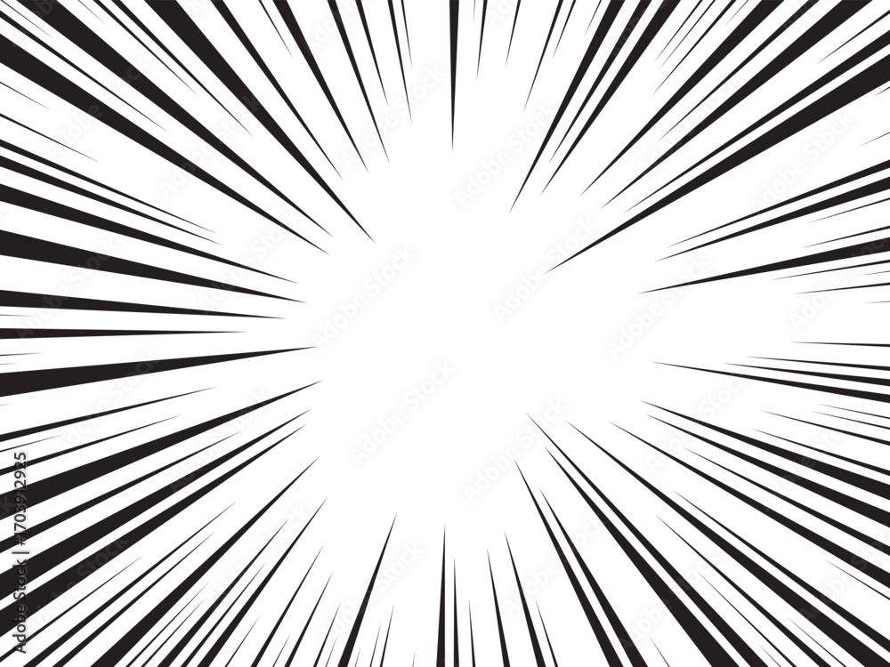 Fototapeta premium Manga comic explosion, motion or movement effect, vector background. Manga anime cartoon radial speed lines and abstract pattern for comic book burst, flash ray or explode bang action 