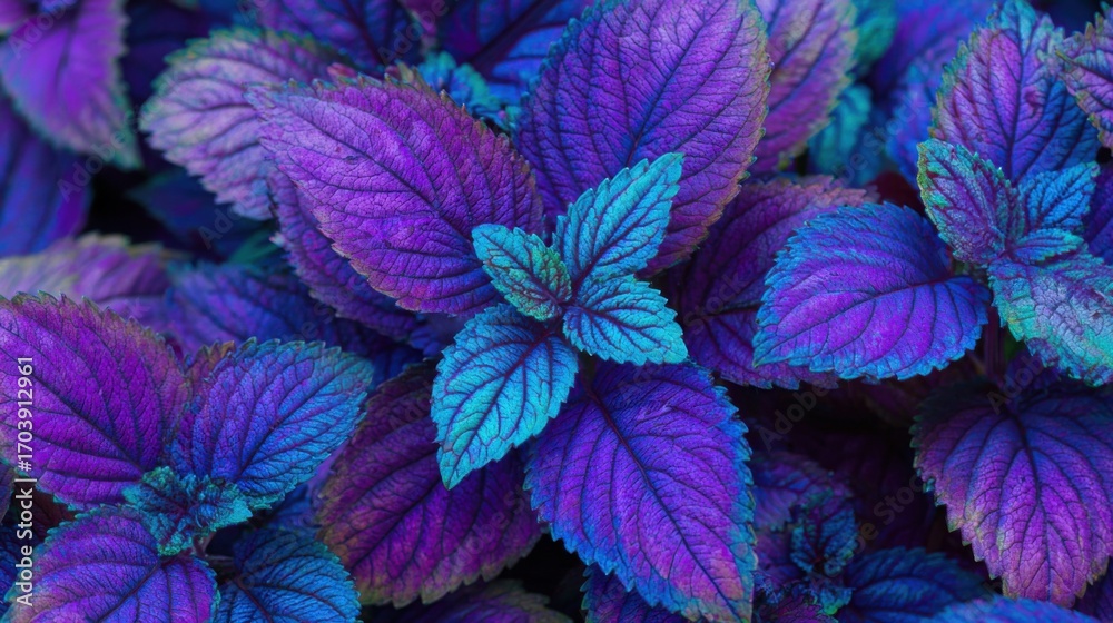 Fototapeta premium Bright, vibrant leaves show off a mix of purple and blue hues, highlighting nature's beauty. This captivating foliage thrives in a garden, illuminated by natural sunlight.