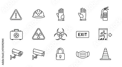 A comprehensive collection of essential linear icons for safety, security, and hazard warnings, including protective equipment and emergency protocols
