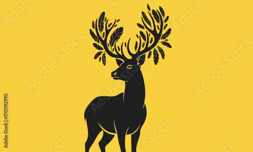 A stylized black deer with feather antlers standing against a bright yellow background image view