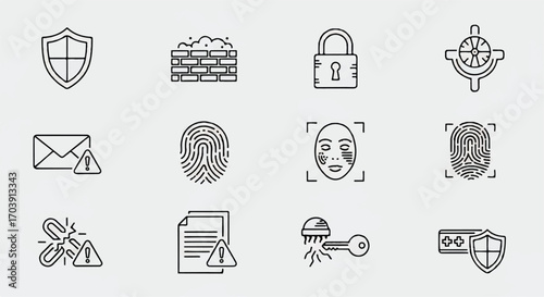 Cybersecurity and data protection icon set. A collection of thin line symbols for internet safety, privacy, and network security concepts