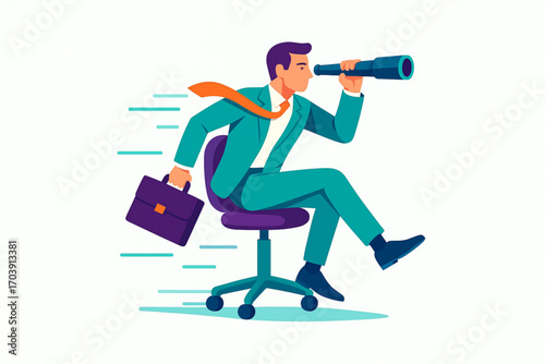 Visionary businessman using telescope to find business opportunities and success ahead